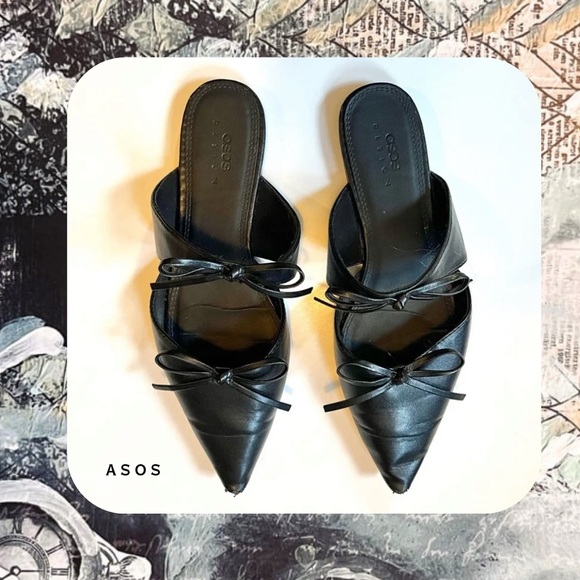 ASOS • adorable black faux leather pointed bow slip on flat mules - Picture 2 of 16